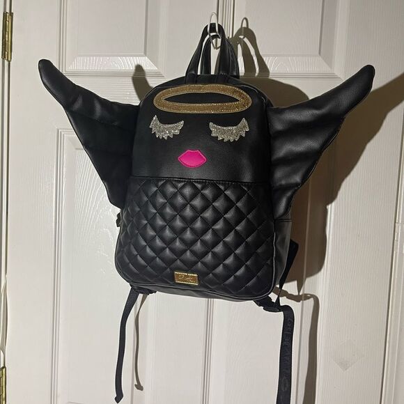 Luv Betsey Johnson  synthetic black small Backpack Angel Wings gold glitter Halo